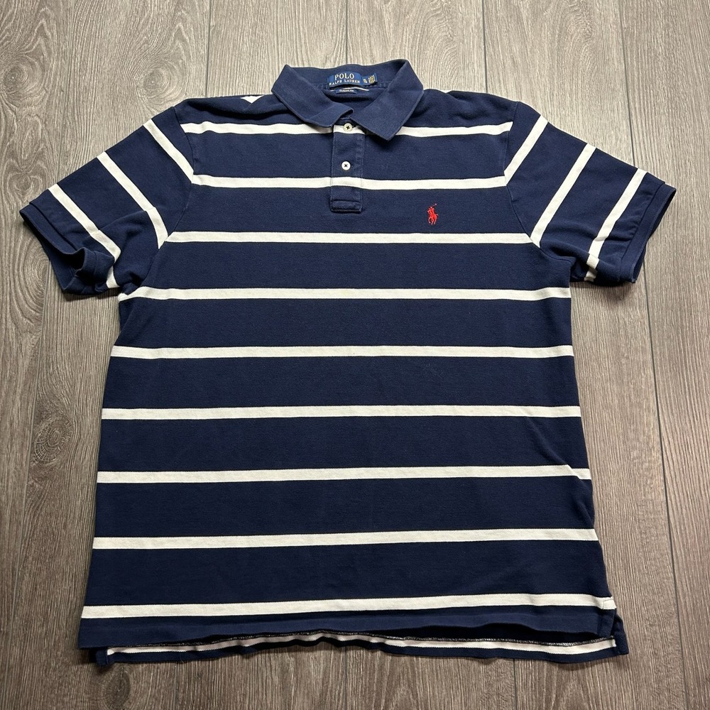 Polo Ralph Lauren Mens XL Classic Fit Striped Polo Shirt Navy Blue White Y2k